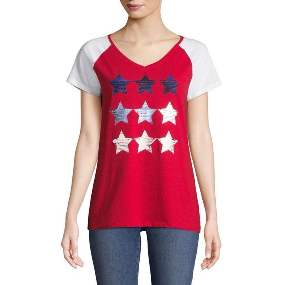 St. John's Bay Short Sleeve Americana USA stars flag  patriotic V Neck T-shirt L